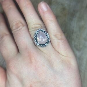 925 SP Rose Quartz Triple Banded Silver Chunky Boho Tear Drop Shaped Rinf